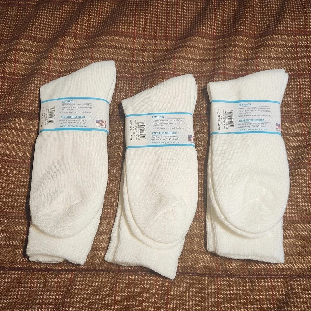 Diabetic Socks EXTRA Roomy Size 13-16 NWT J800XL White Crew, 3 Pair USA/MADE NWT